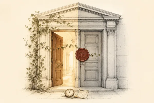 Two classical doorways side by side - one open and glowing, one sealed shut with a red wax stamp