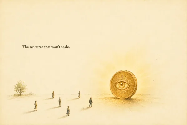 Etching of a radiant coin stamped with an eye drawing a scattered crowd toward it - the resource that won't scale