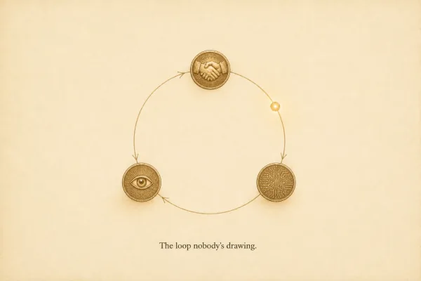 Diagram of three coins - handshake, eye and circuit - joined in a continuous loop